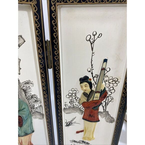 Vtg Asian Handpainted 4 Panel Tabletop Screen Three Dimensional Carved Women 14” - Picture 9 of 12